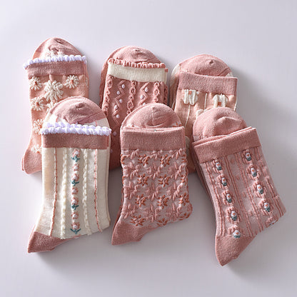 5-Pack Pink Flower Socks: Vintage Knitted Crew Coziness for Women