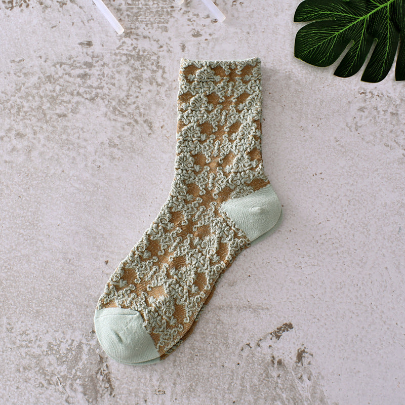 5-Pack Green Floral Socks: Vintage Knitted Crew Coziness for Women