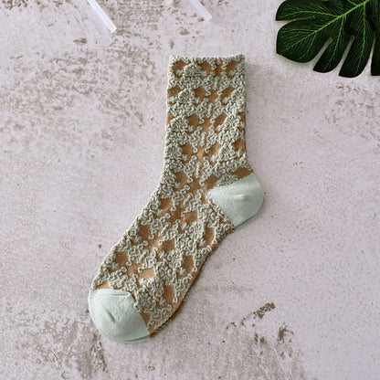 5-Pack Green Floral Socks: Vintage Knitted Crew Coziness for Women
