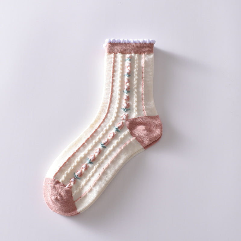 5-Pack Pink Flower Socks: Vintage Knitted Crew Coziness for Women