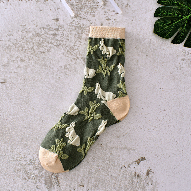 5-Pack Green Floral Socks: Vintage Knitted Crew Coziness for Women