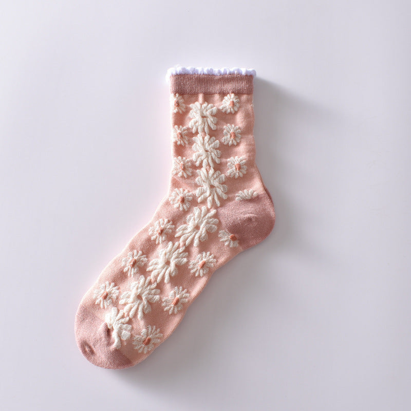 5-Pack Pink Flower Socks: Vintage Knitted Crew Coziness for Women