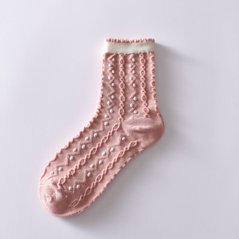 5-Pack Pink Flower Socks: Vintage Knitted Crew Coziness for Women