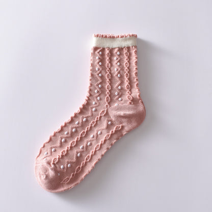 5-Pack Pink Flower Socks: Vintage Knitted Crew Coziness for Women