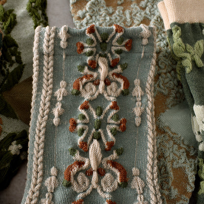 5-Pack Green Floral Socks: Vintage Knitted Crew Coziness for Women