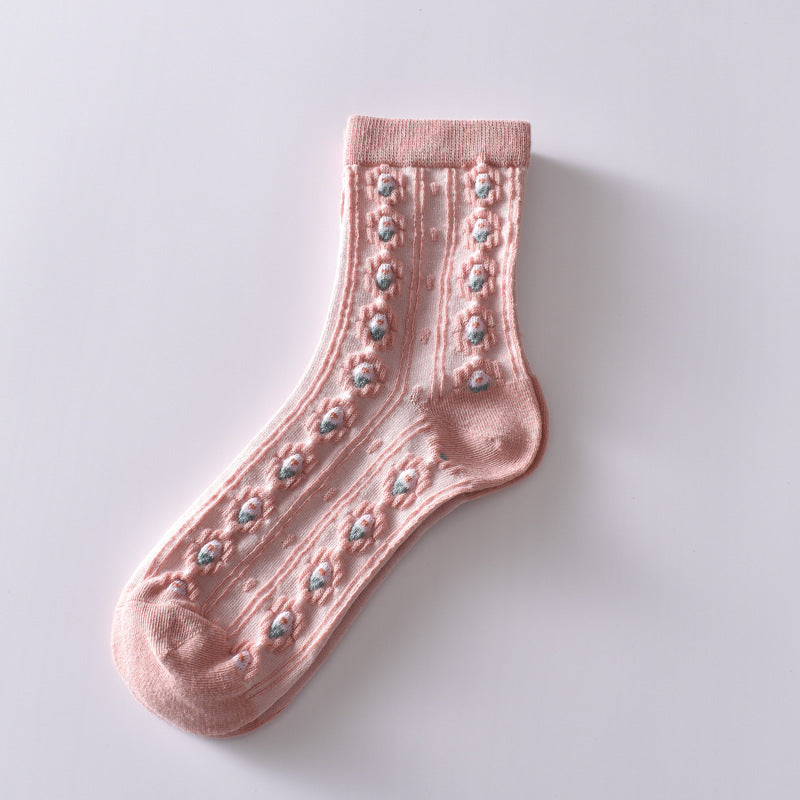 5-Pack Pink Flower Socks: Vintage Knitted Crew Coziness for Women