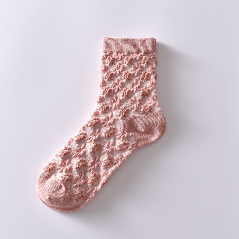 5-Pack Pink Flower Socks: Vintage Knitted Crew Coziness for Women