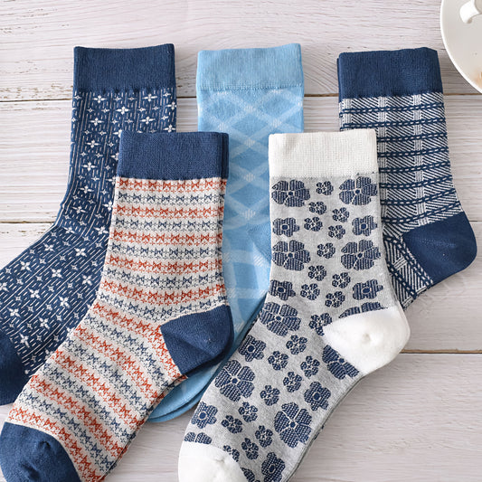 5-Pack Autumn/Winter Dark Blue Cotton Crew Socks for Women