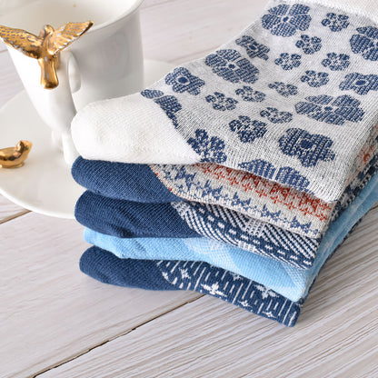 5-Pack Autumn/Winter Dark Blue Cotton Crew Socks for Women