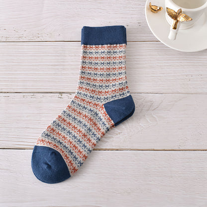 5-Pack Autumn/Winter Dark Blue Cotton Crew Socks for Women