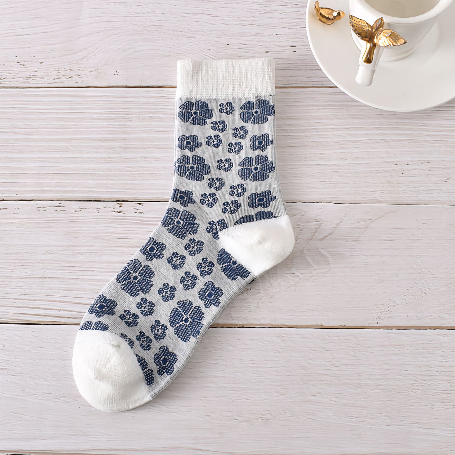 5-Pack Autumn/Winter Dark Blue Cotton Crew Socks for Women