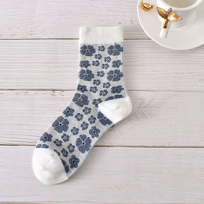 5-Pack Autumn/Winter Dark Blue Cotton Crew Socks for Women