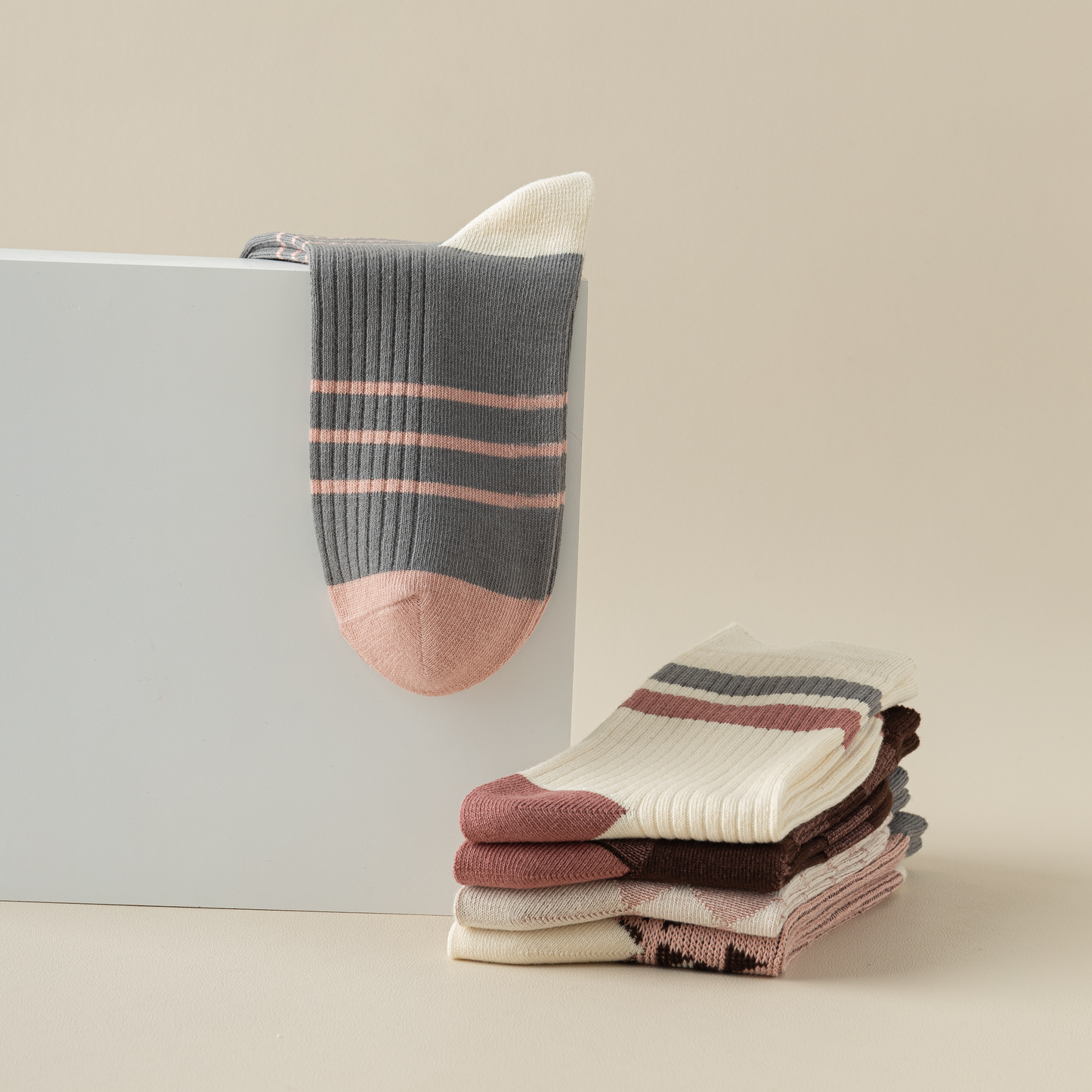2-Pack Dark Pink Retro-Style Cotton Crew Socks for Women: Striped & Plaid Design
