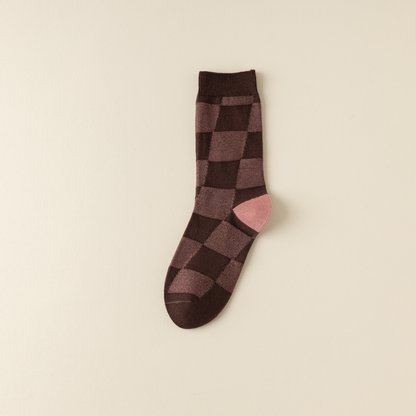 2-Pack Dark Pink Retro-Style Cotton Crew Socks for Women: Striped & Plaid Design