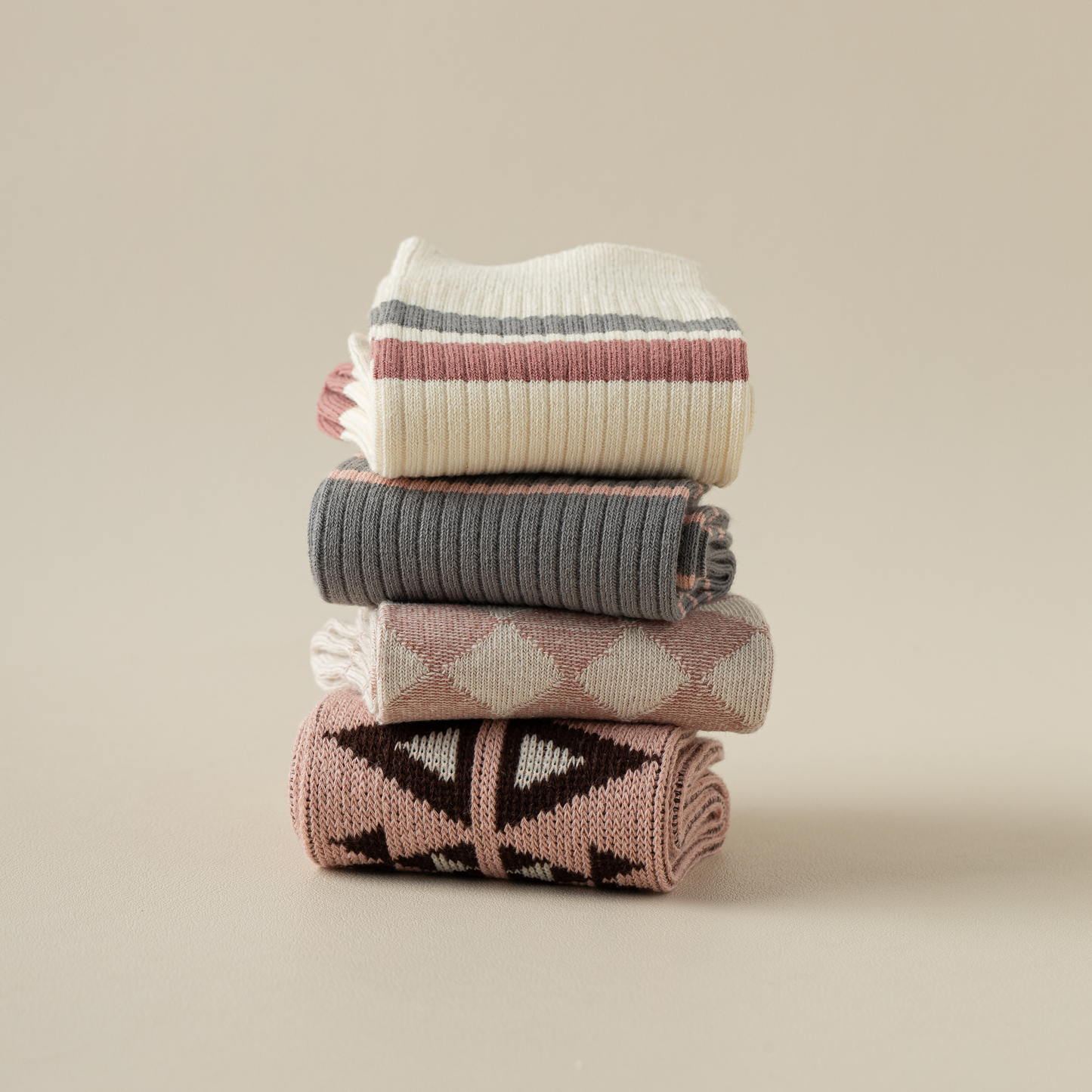 2-Pack Dark Pink Retro-Style Cotton Crew Socks for Women: Striped & Plaid Design