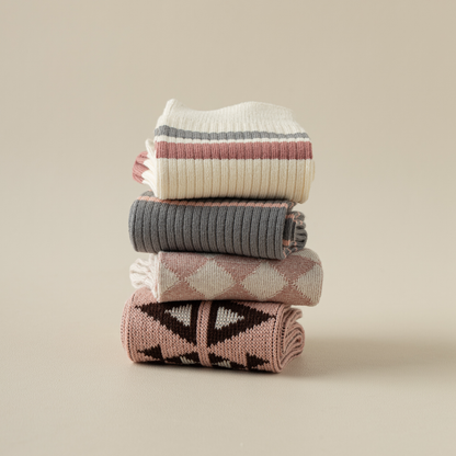 2-Pack Dark Pink Retro-Style Cotton Crew Socks for Women: Striped & Plaid Design