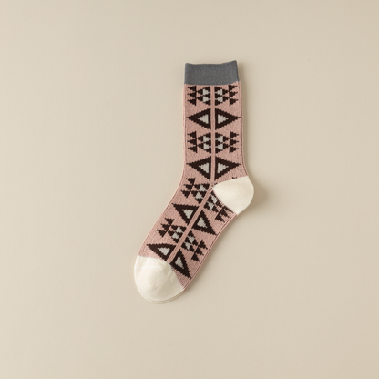 2-Pack Dark Pink Retro-Style Cotton Crew Socks for Women: Striped & Plaid Design