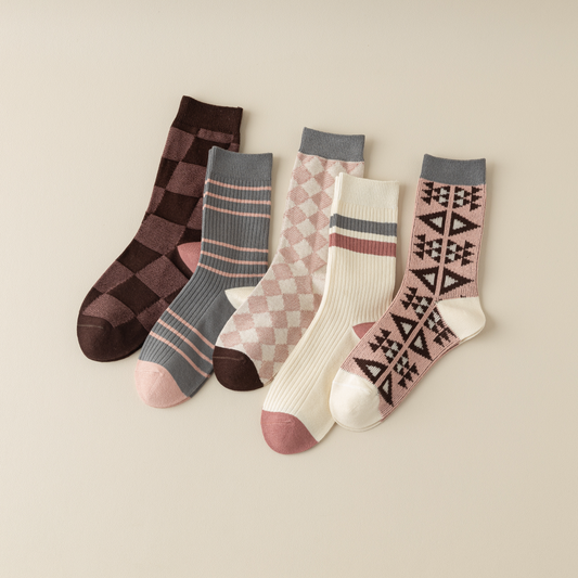 2-Pack Dark Pink Retro-Style Cotton Crew Socks for Women: Striped & Plaid Design