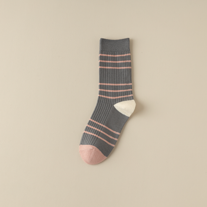 2-Pack Dark Pink Retro-Style Cotton Crew Socks for Women: Striped & Plaid Design