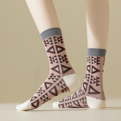 2-Pack Dark Pink Retro-Style Cotton Crew Socks for Women: Striped & Plaid Design