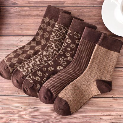 5-Pack Retro Fall/Winter Coffee Brown Cotton Socks for Women