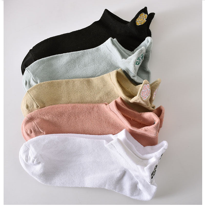 5-Pack Elegant Floral Ankle Socks: Premium Knitted Cotton Low Cut