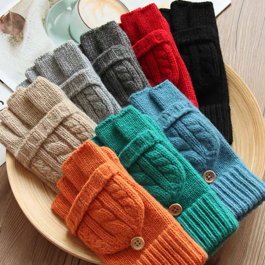 Flip-Cover Wool Gloves for Women, Fingerless & Warm for Fall/Winter