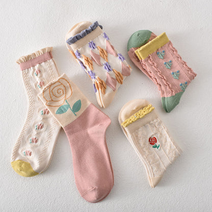 5-Pack Floral Elegance: Premium Knitted Cotton Crew Socks
