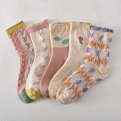 5-Pack Floral Elegance: Premium Knitted Cotton Crew Socks