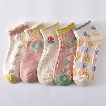 5-Pack Floral Elegance: Premium Knitted Cotton Low Cut Socks