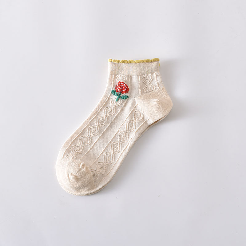 5-Pack Floral Elegance: Premium Knitted Cotton Low Cut Socks