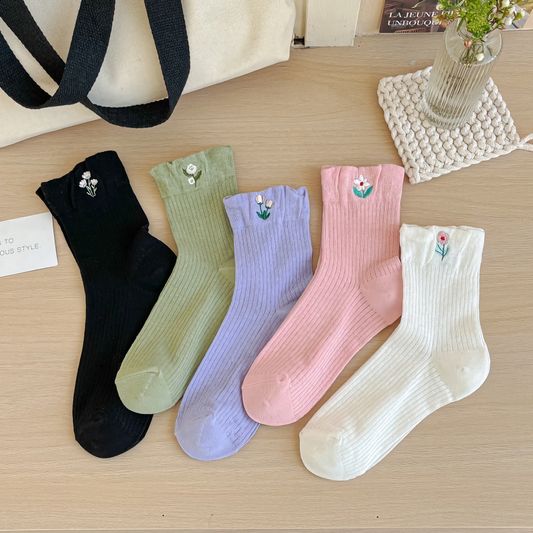 2-Pack Thin Solid Color Women's Socks with Floral Embroidery