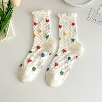 Cute Heart & Polka Dot Women's Cotton Socks - Versatile Style