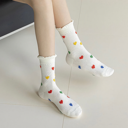 Cute Heart & Polka Dot Women's Cotton Socks - Versatile Style