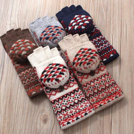 Woolen Half-Finger Gloves with Flip-Cover, Women's Winter Warmth