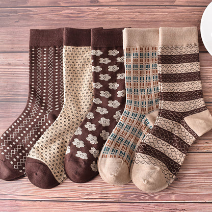 5-Pack Retro Coffee Brown Cotton Socks for Autumn/Winter