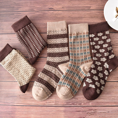 5-Pack Retro Coffee Brown Cotton Socks for Autumn/Winter