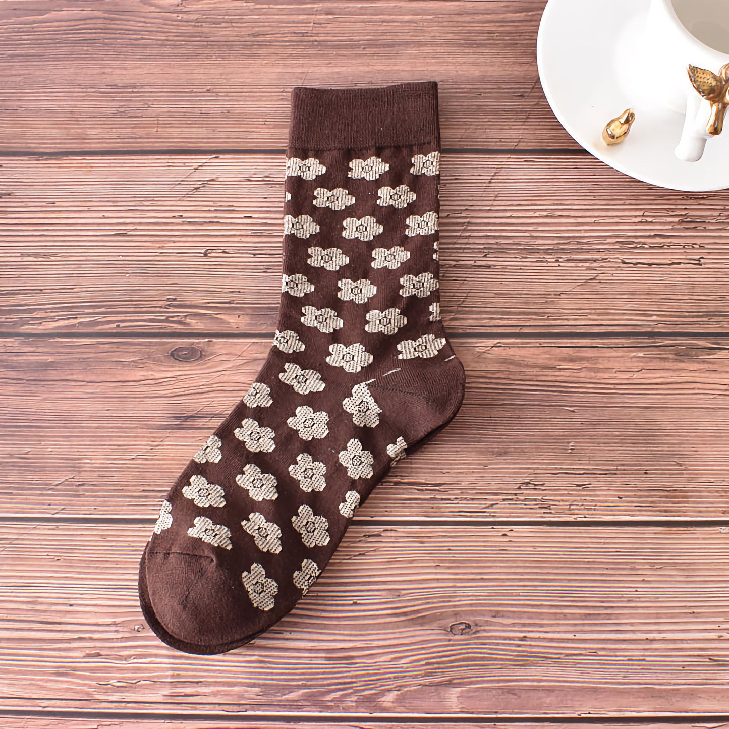5-Pack Retro Coffee Brown Cotton Socks for Autumn/Winter