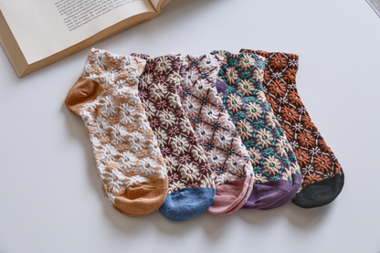 2-Pack Retro Floral Ankle Socks - Knitted Cotton Low Cut Socks