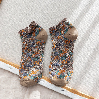 2-Pack Retro Floral Ankle Socks: Vintage Knitted Cotton Low Cut Elegance