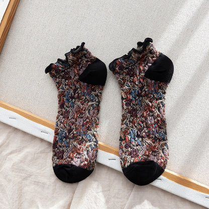 2-Pack Retro Floral Ankle Socks: Vintage Knitted Cotton Low Cut Elegance