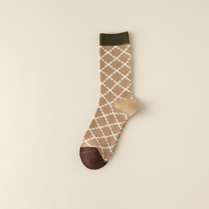 2-Pack Versatile Retro Green Coffee Cotton Socks for Women: Striped Design with Smiley Faces – Soft & Stylish