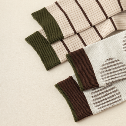 2-Pack Versatile Retro Green Coffee Cotton Socks for Women: Striped Design with Smiley Faces – Soft & Stylish