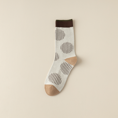 2-Pack Versatile Retro Green Coffee Cotton Socks for Women: Striped Design with Smiley Faces – Soft & Stylish