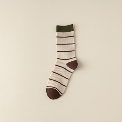 2-Pack Versatile Retro Green Coffee Cotton Socks for Women: Striped Design with Smiley Faces – Soft & Stylish