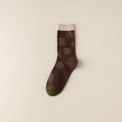 2-Pack Versatile Retro Green Coffee Cotton Socks for Women: Striped Design with Smiley Faces – Soft & Stylish