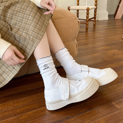 2-Pack Vintage Embroidered Floral Cotton Socks with Ruffled Edge