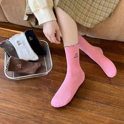 2-Pack Vintage Embroidered Floral Cotton Socks with Ruffled Edge
