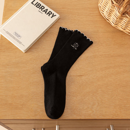 2-Pack Vintage Embroidered Floral Cotton Socks with Ruffled Edge
