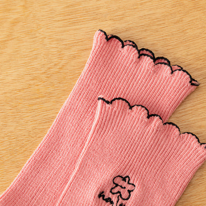 2-Pack Vintage Embroidered Floral Cotton Socks with Ruffled Edge